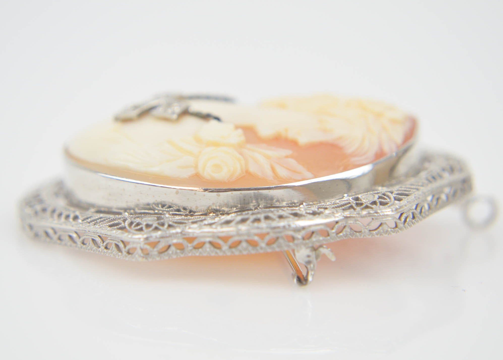 14K White Gold Diamond Cameo Pendant Brooch