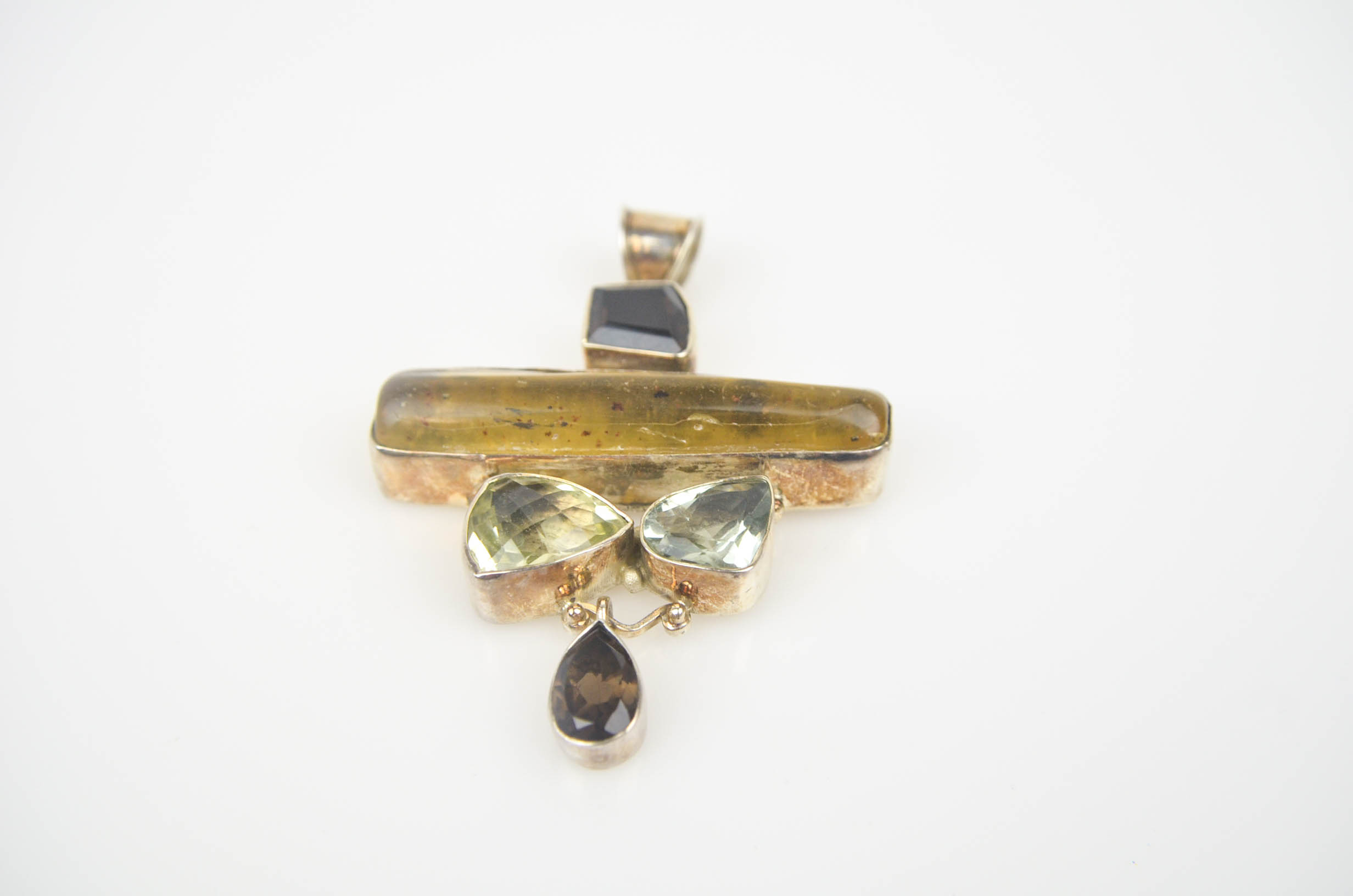 Sterling Silver Pendant with Mixed Stones Including Amber