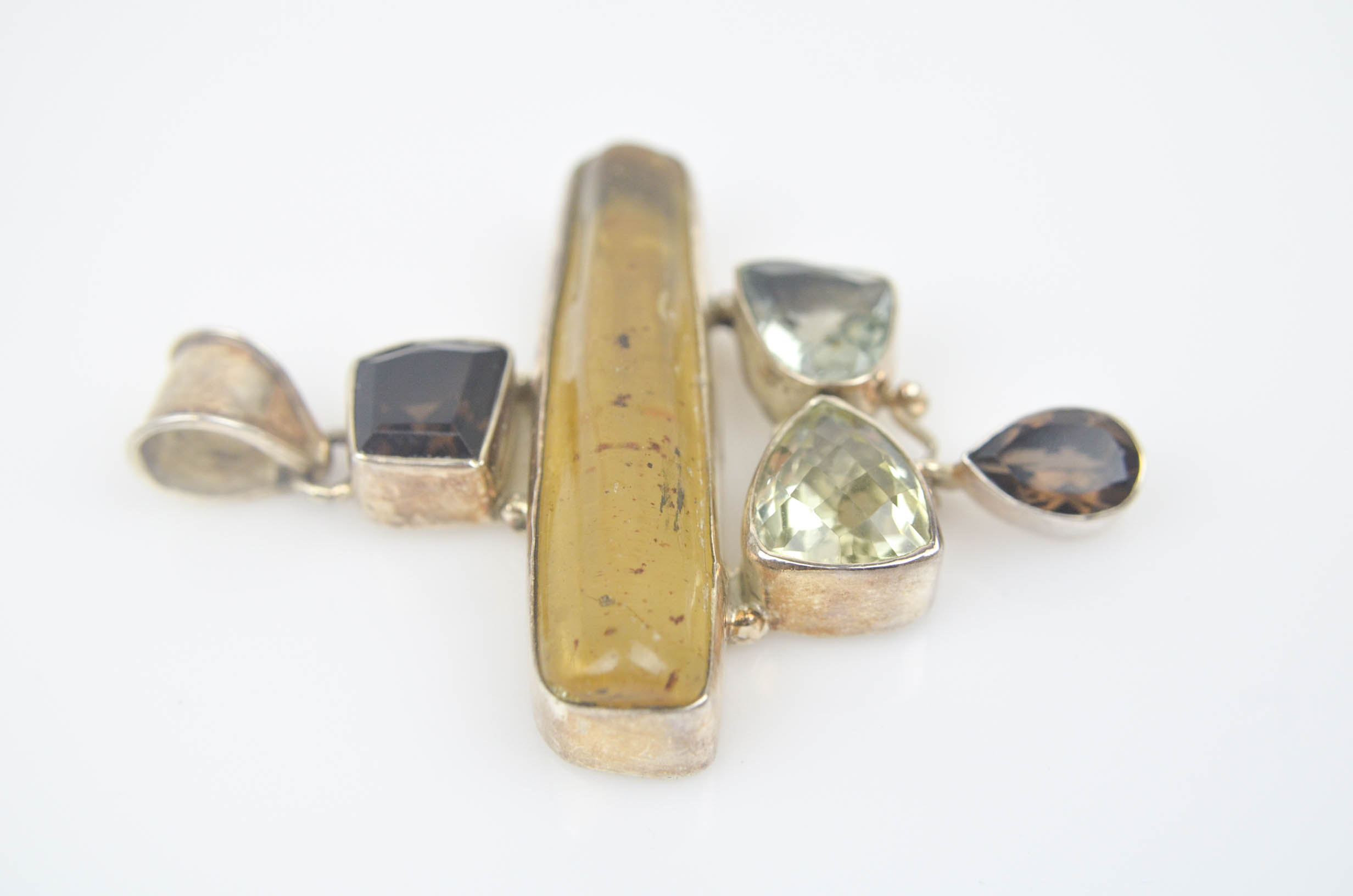 Sterling Silver Pendant with Mixed Stones Including Amber