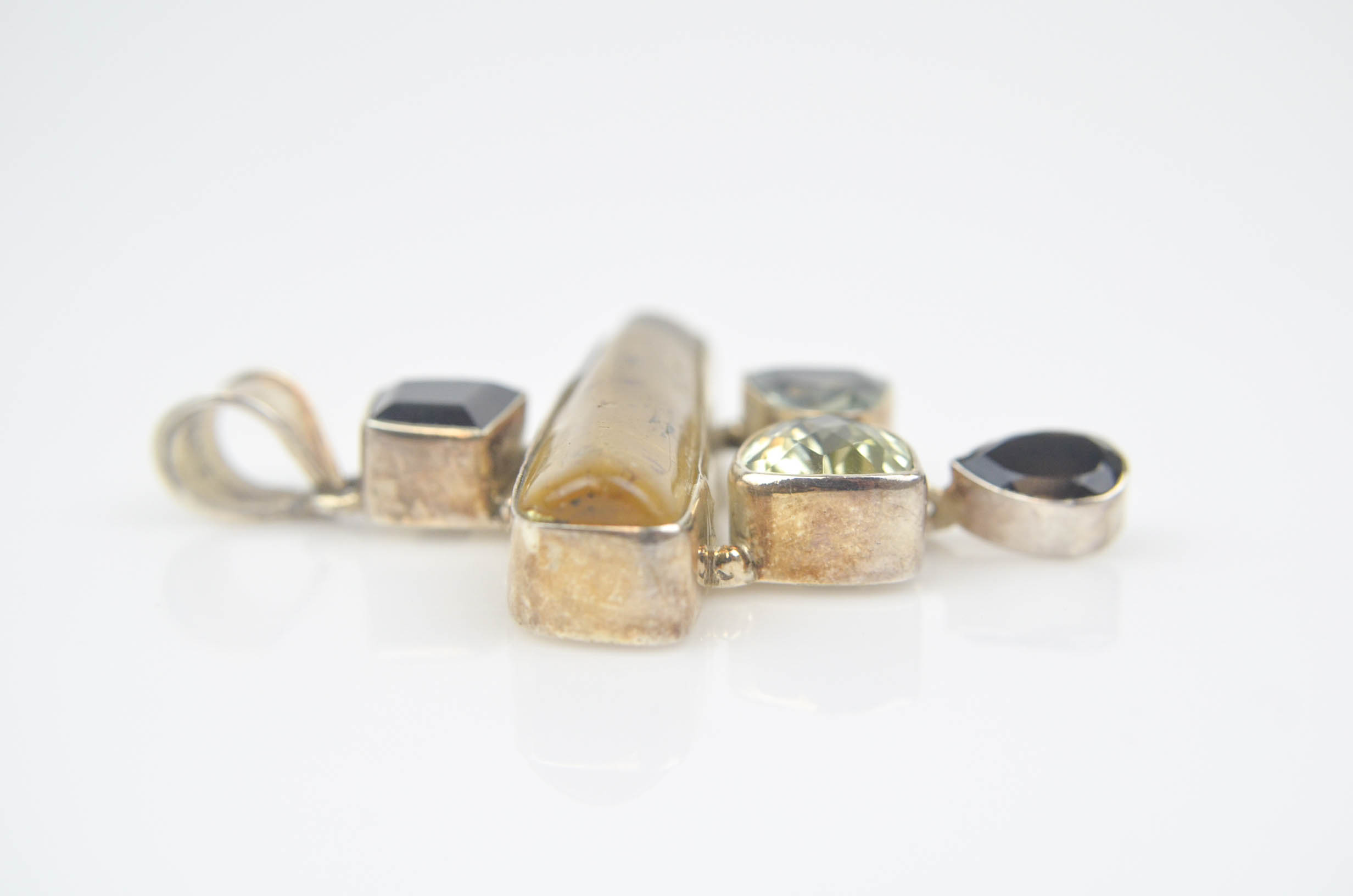 Sterling Silver Pendant with Mixed Stones Including Amber