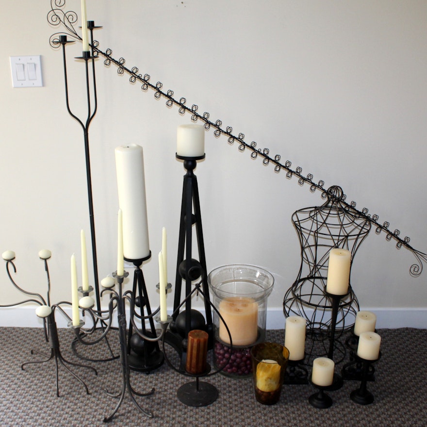 Assorted Candle Holders and Wire Decor