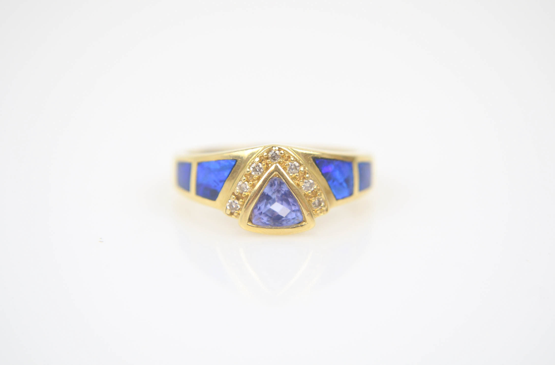 14K Yellow Gold Tanzanite, Opal, and Diamond Ring