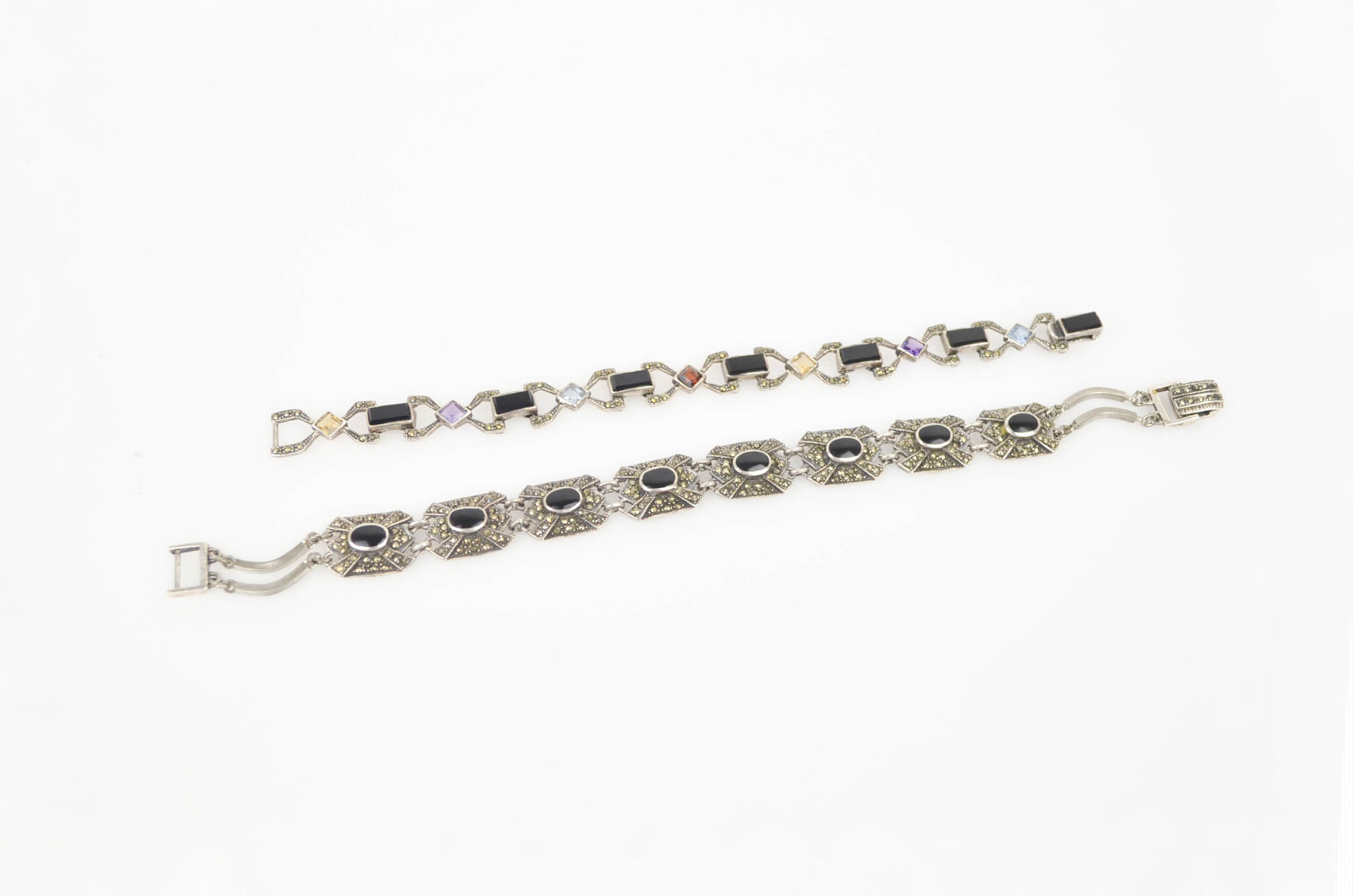 Pair of Sterling Bracelets with Black Onyx and Multi Stones