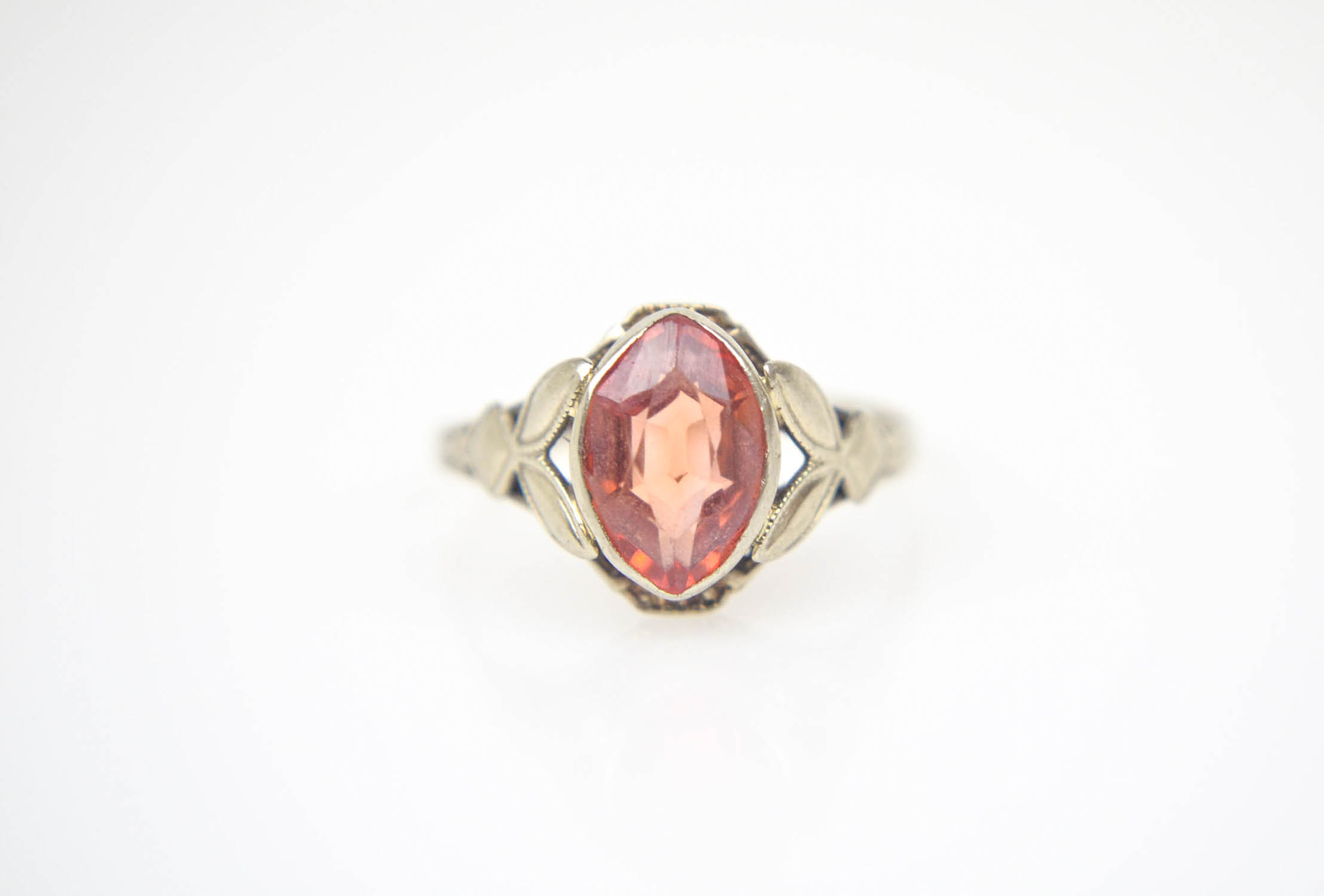 Antique 10K White Gold Synthetic Orange Sapphire Ring
