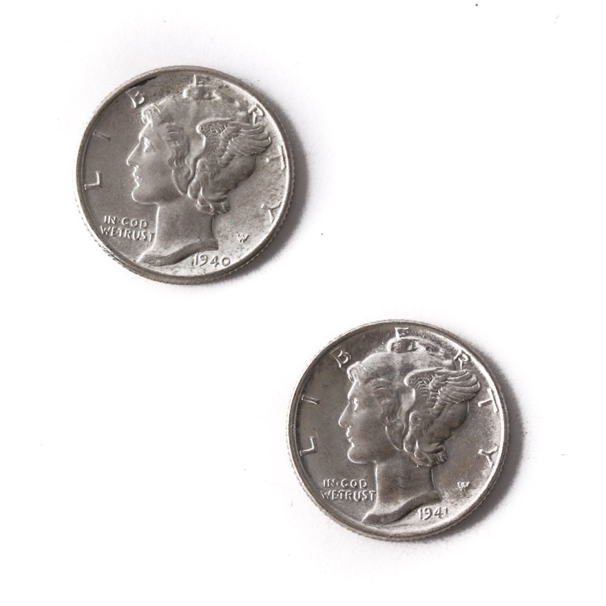 Group of Two Silver Mercury Dimes Including the Following: 1940 and 1941