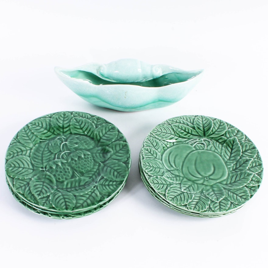 Green Pottery Including Set of Plates by Bordallo Pinheiro