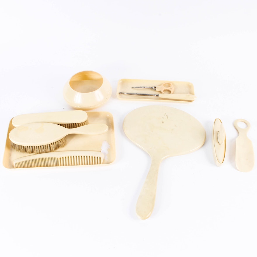 Assortment of Vintage Syntetic Ivory Vanity Items