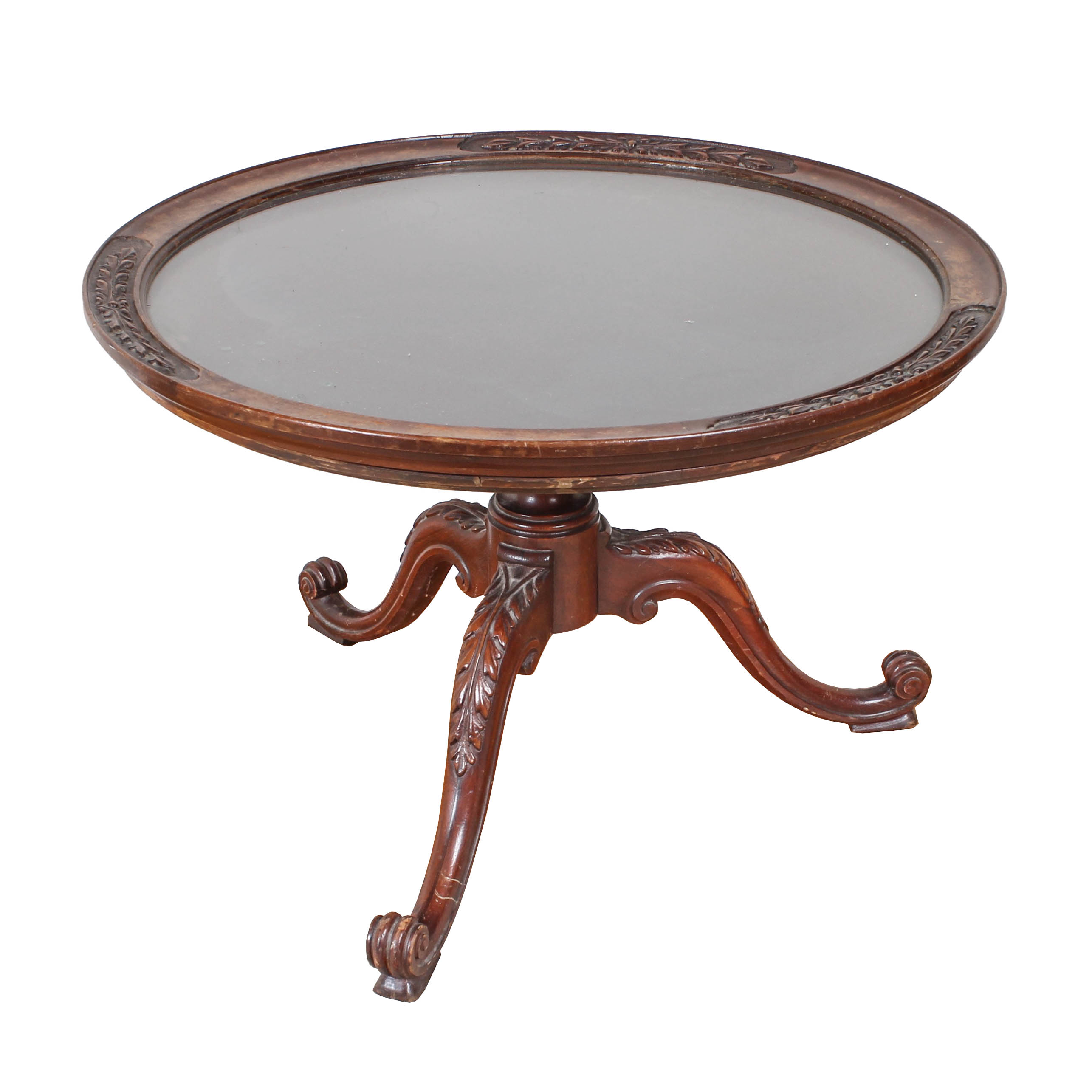 Carved Wood Coffee Table with Removable Glass Top