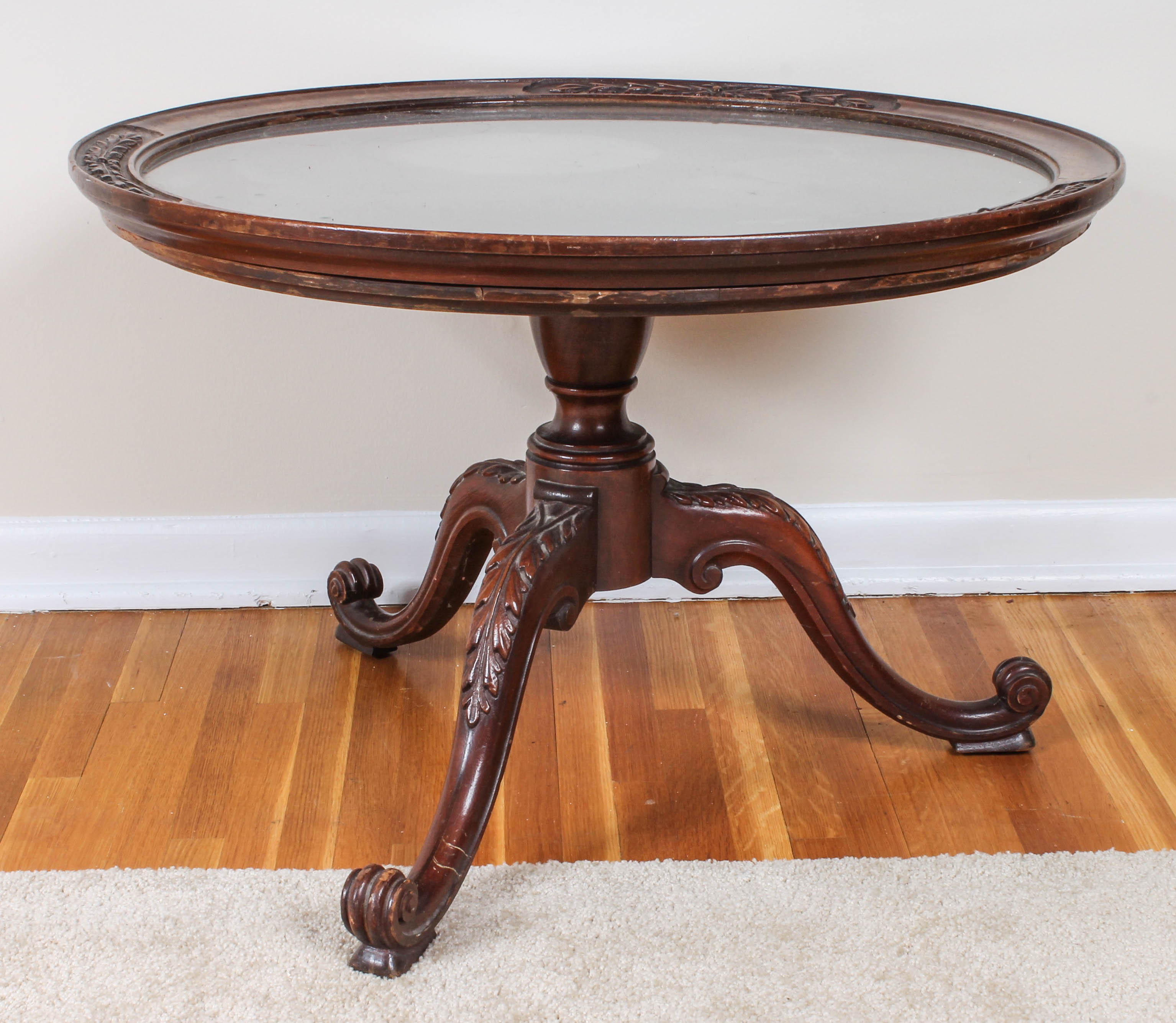 Carved Wood Coffee Table with Removable Glass Top