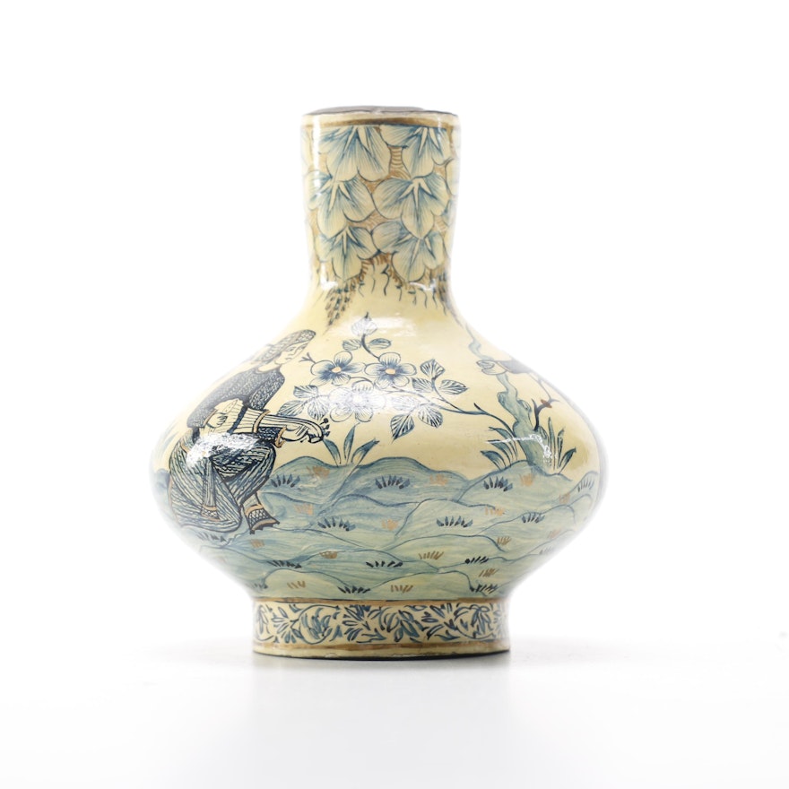 Blue, Beige and White Enamel on Copper Vase