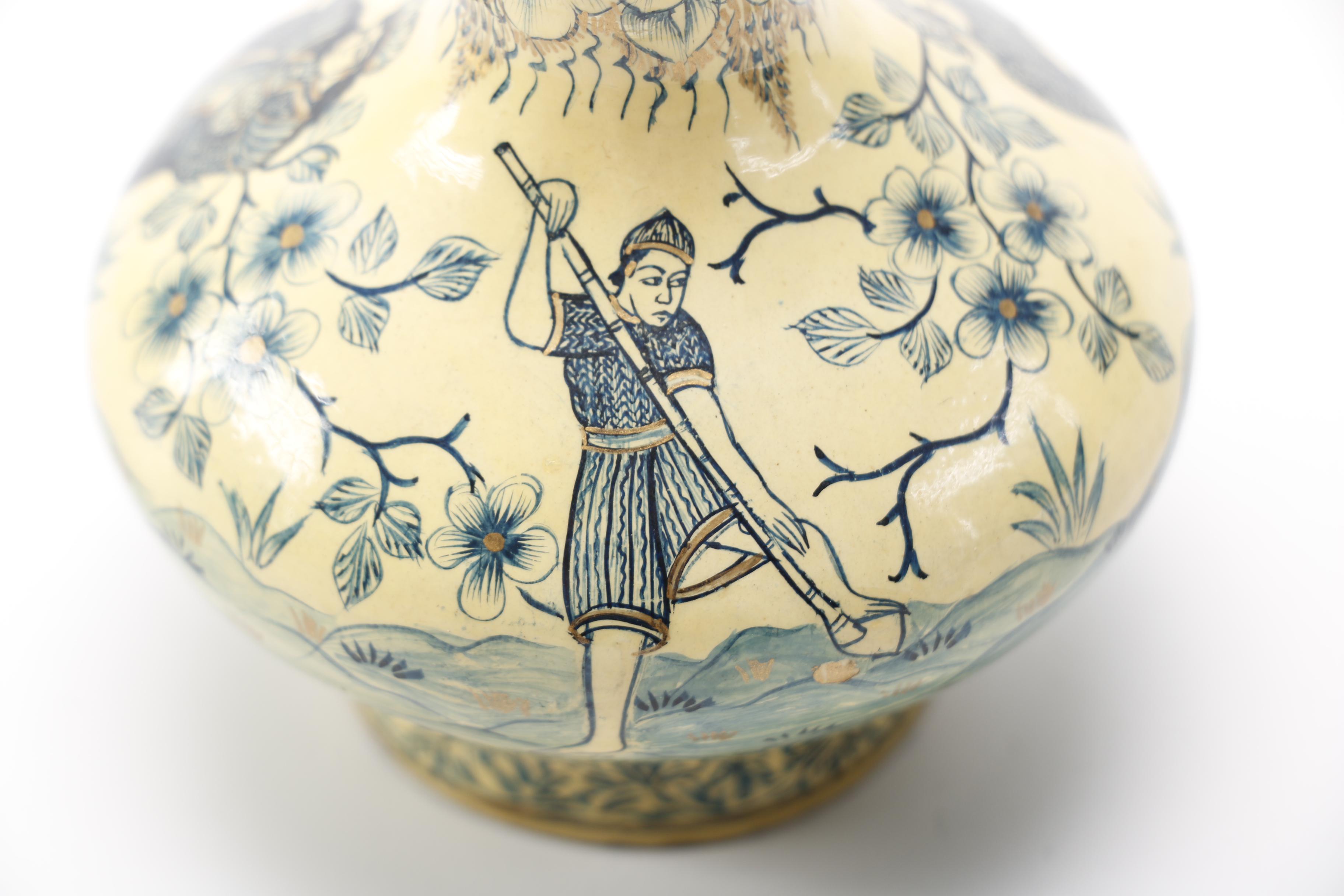 Blue, Beige and White Enamel on Copper Vase