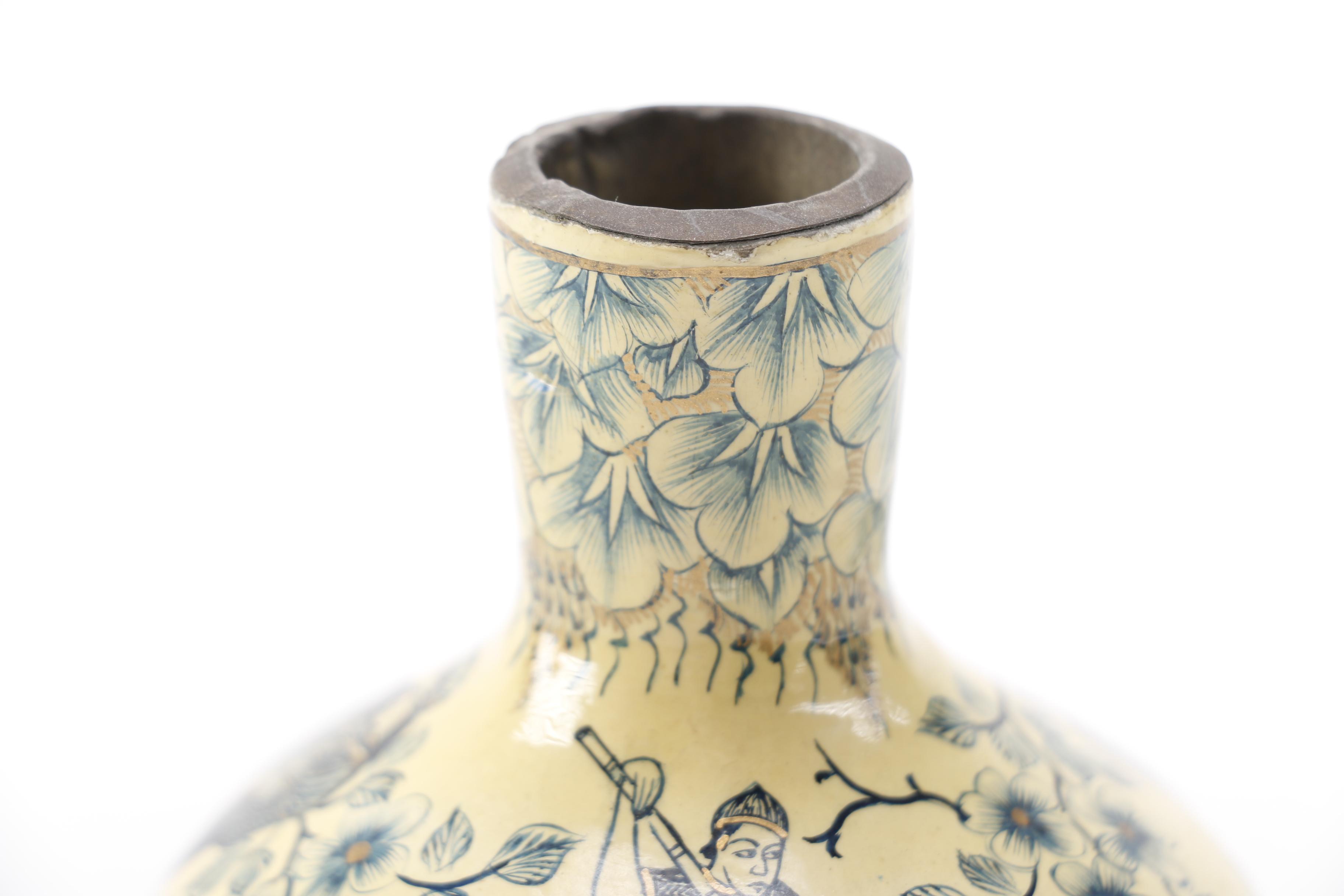 Blue, Beige and White Enamel on Copper Vase