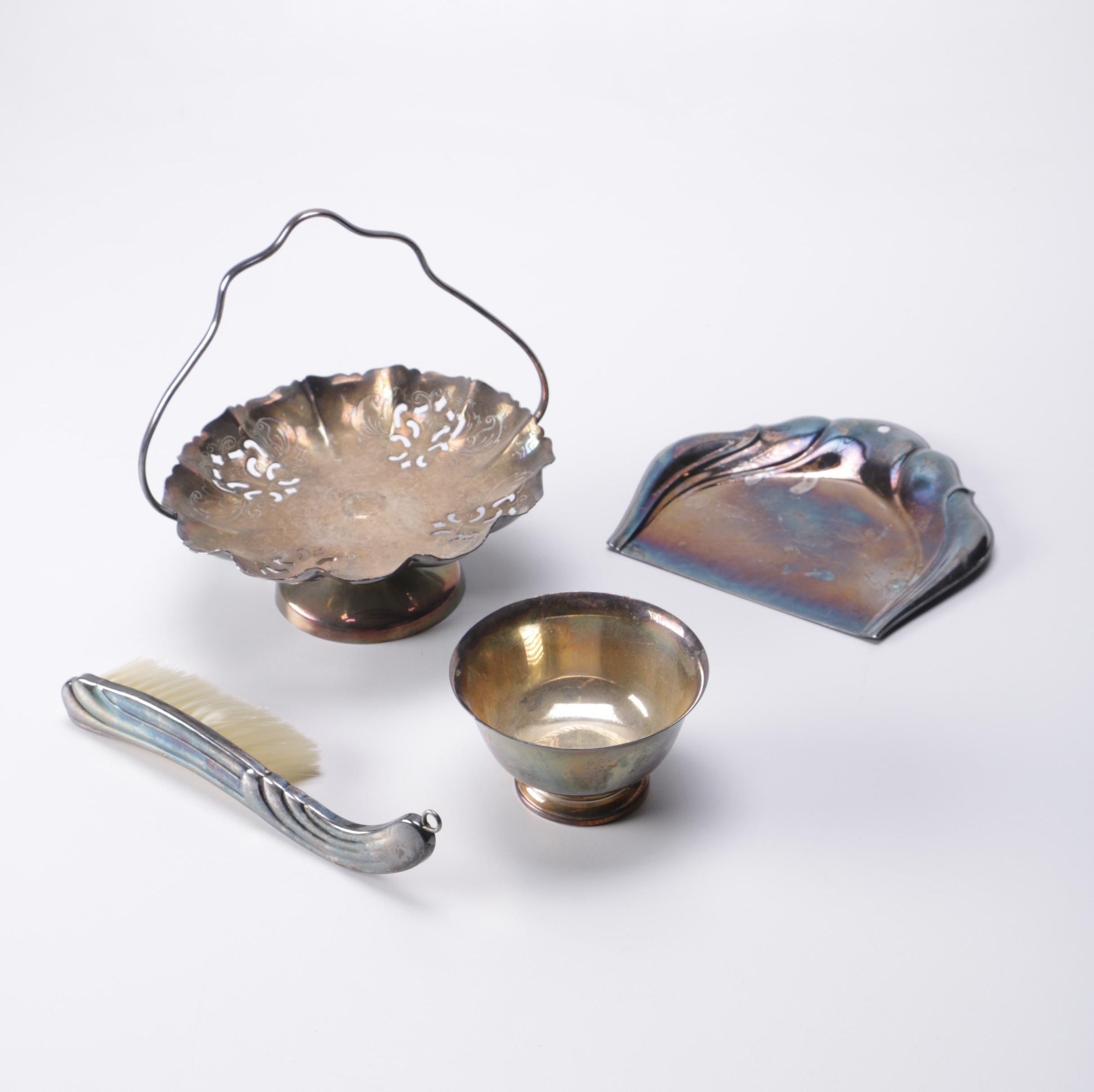 German Silver Plate Crush Tray and Brush With Assorted Silver Plate