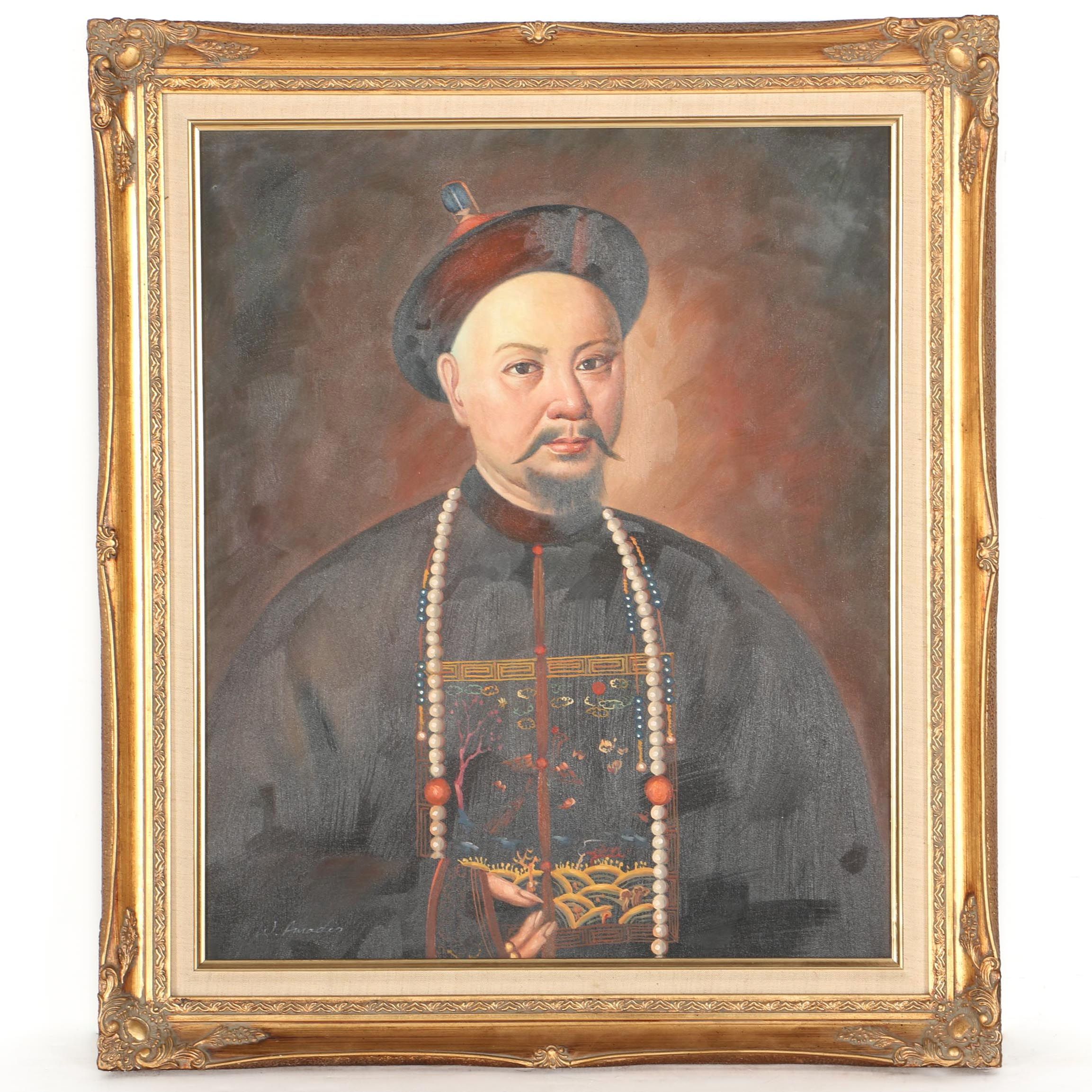 W. Amadio Oil Painting on Canvas of Qing Dynasty Civil Official