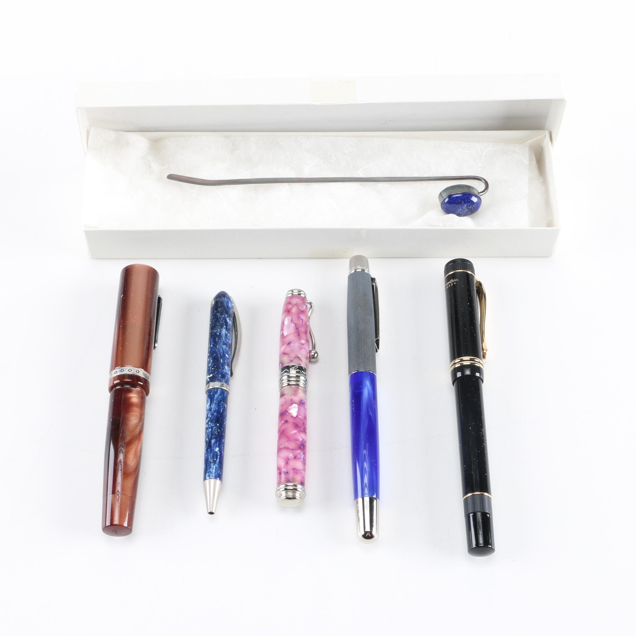 Assortment of Fountain Pens With Sterling Silver Bookmark
