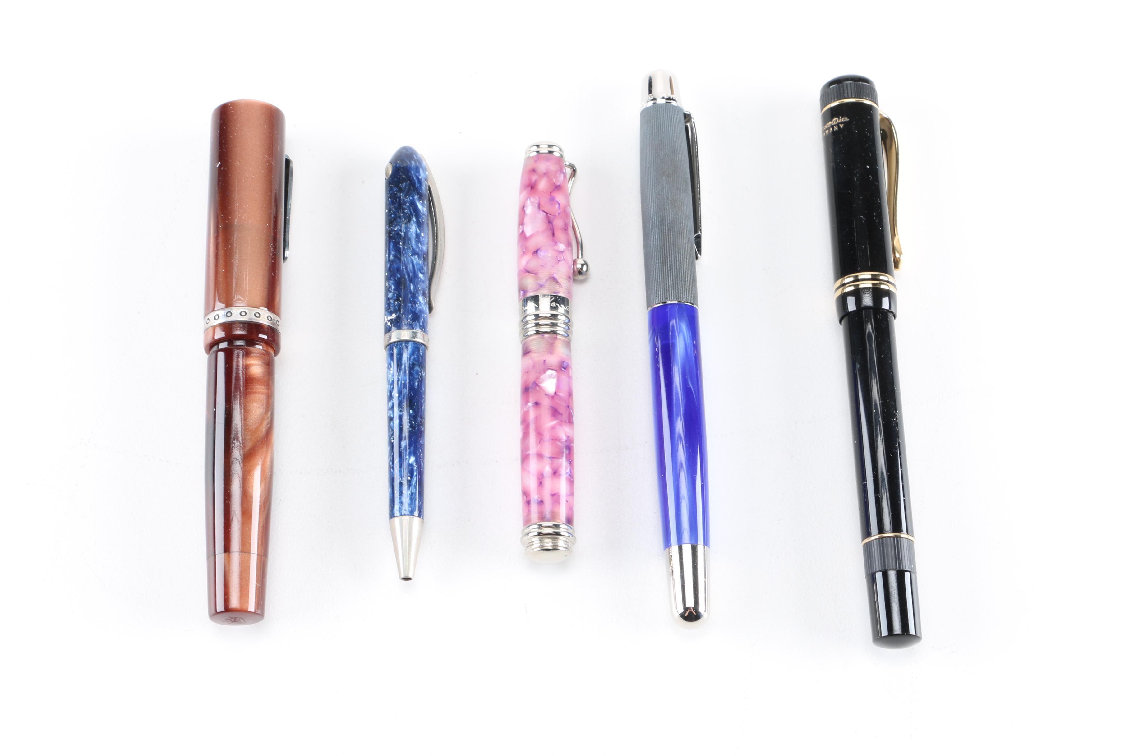 Assortment of Fountain Pens With Sterling Silver Bookmark