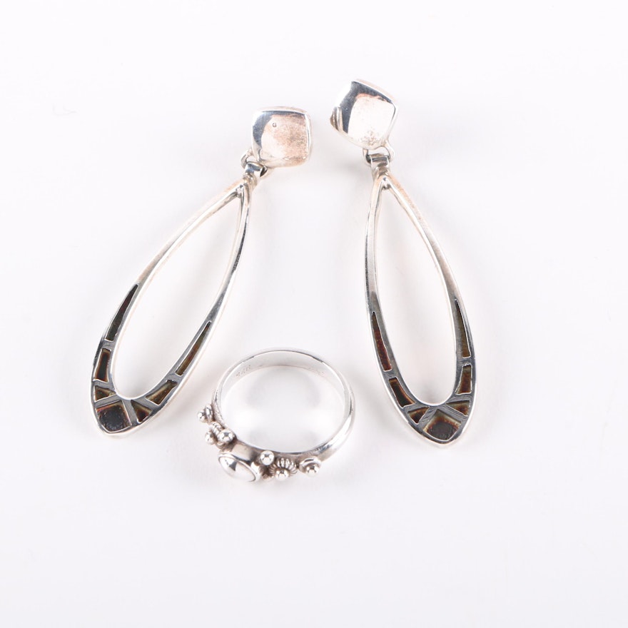 Peterson Chee Sterling Silver Drop Earrings and Unsigned Ring