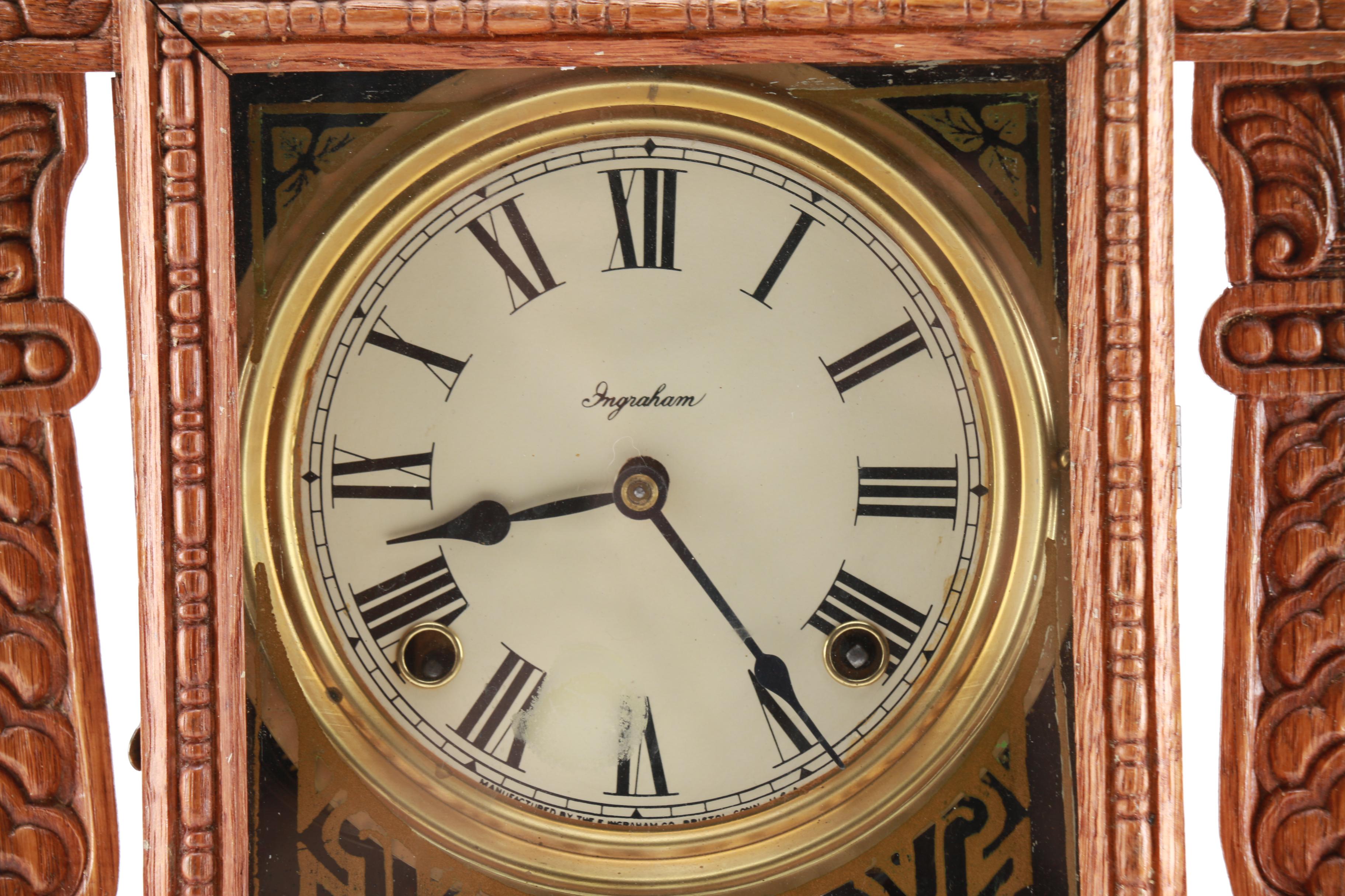 Antique Pressed Oak Mantel Clock by Ingraham