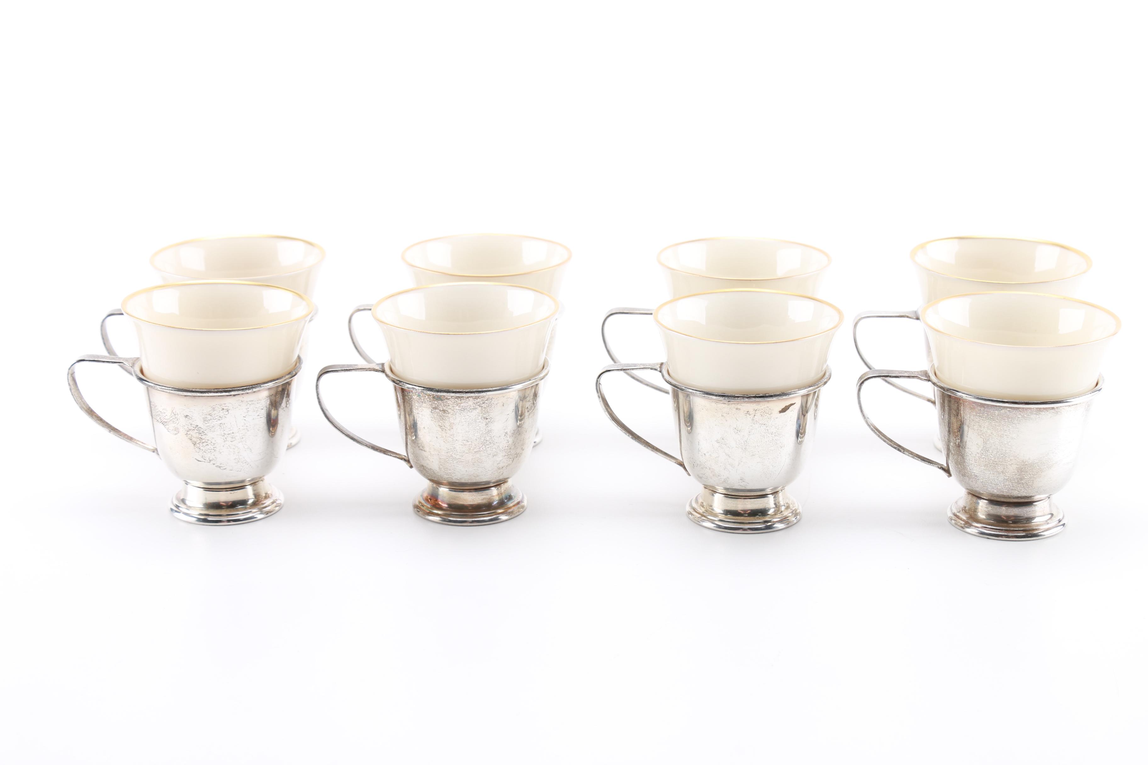 International Silver Co "Lord Saybrook" Sterling Saucers and Tea Cup Holders With Franciscan China