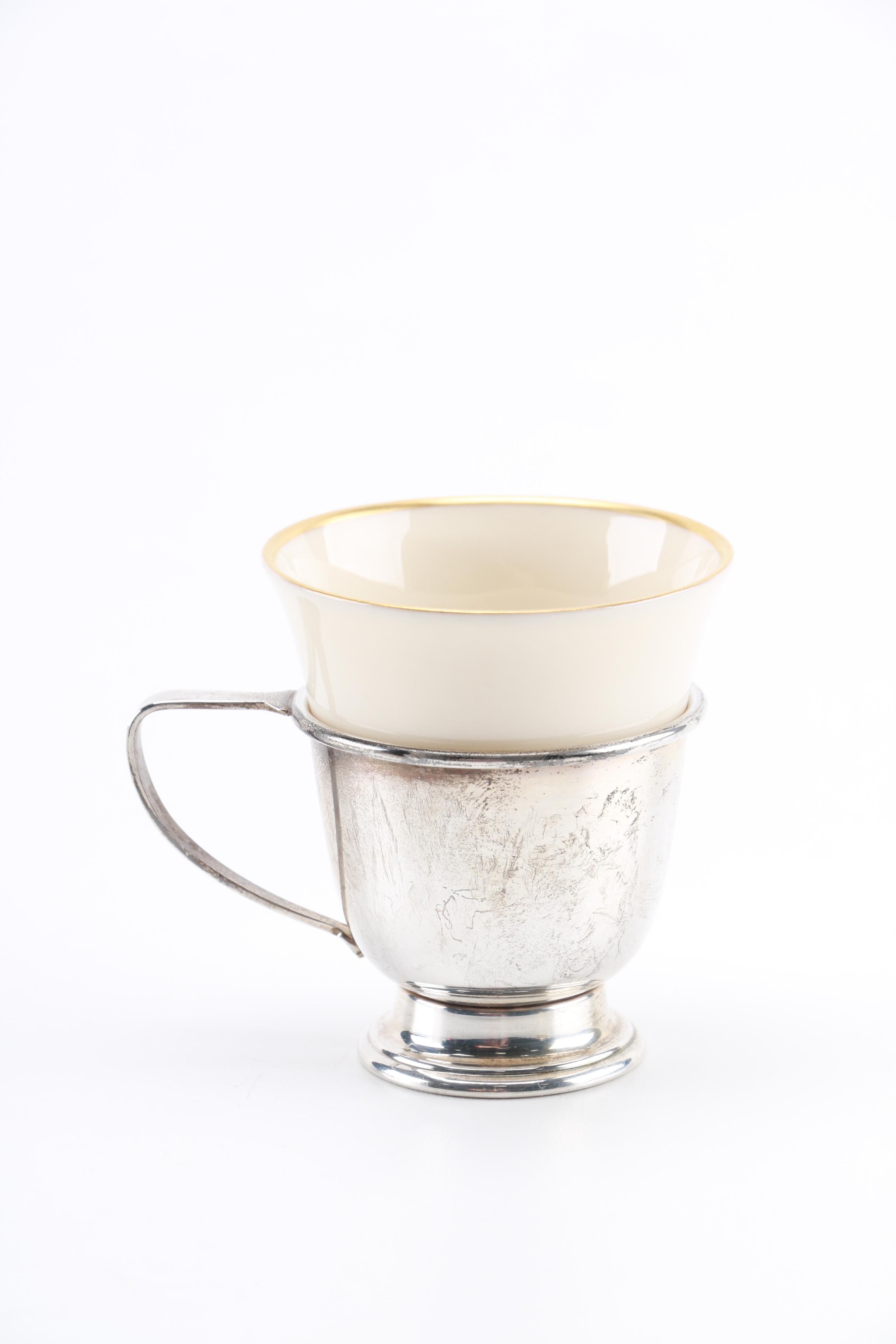 International Silver Co "Lord Saybrook" Sterling Saucers and Tea Cup Holders With Franciscan China