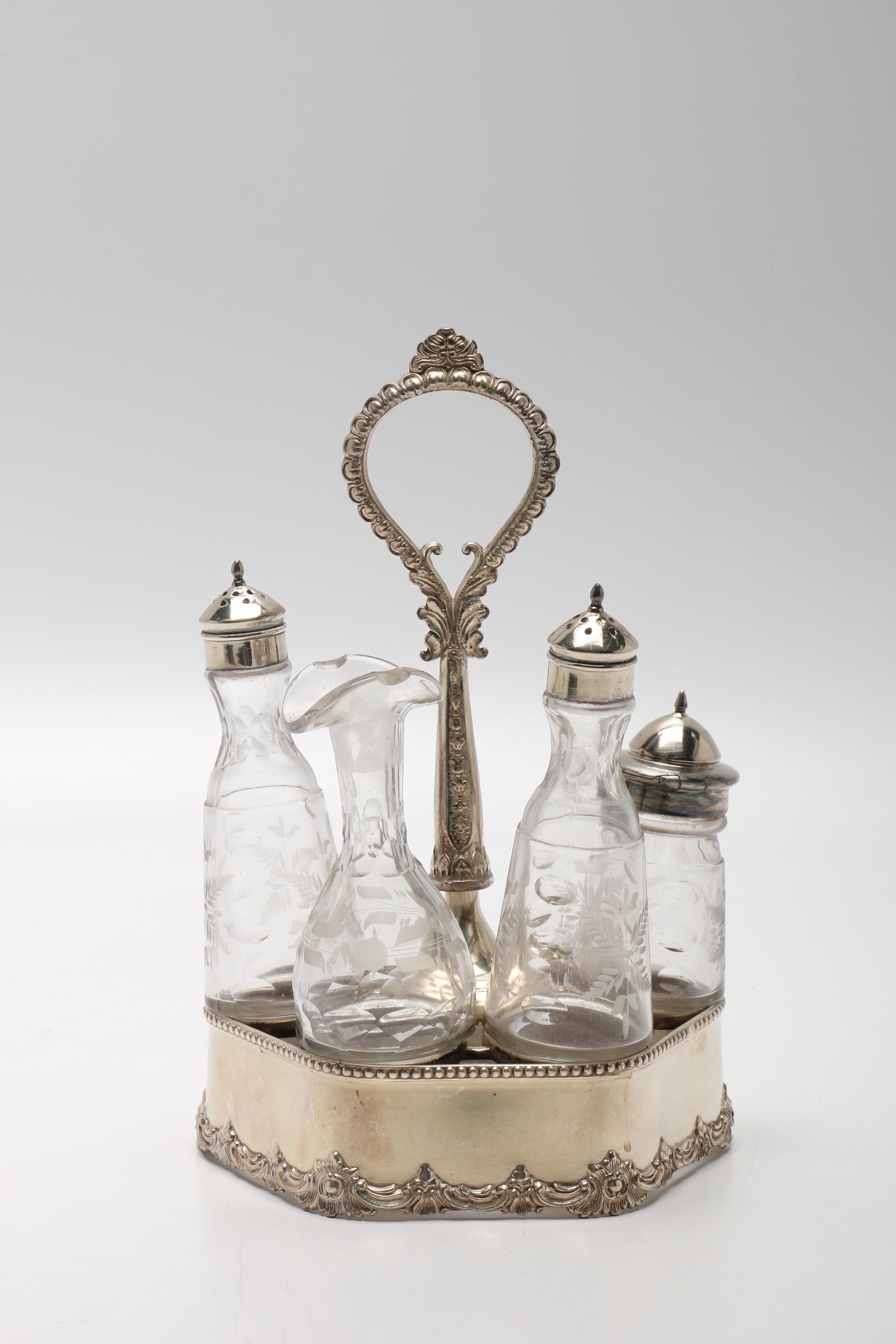 Silver Plate Cruet Set and Assorted Silver Plate