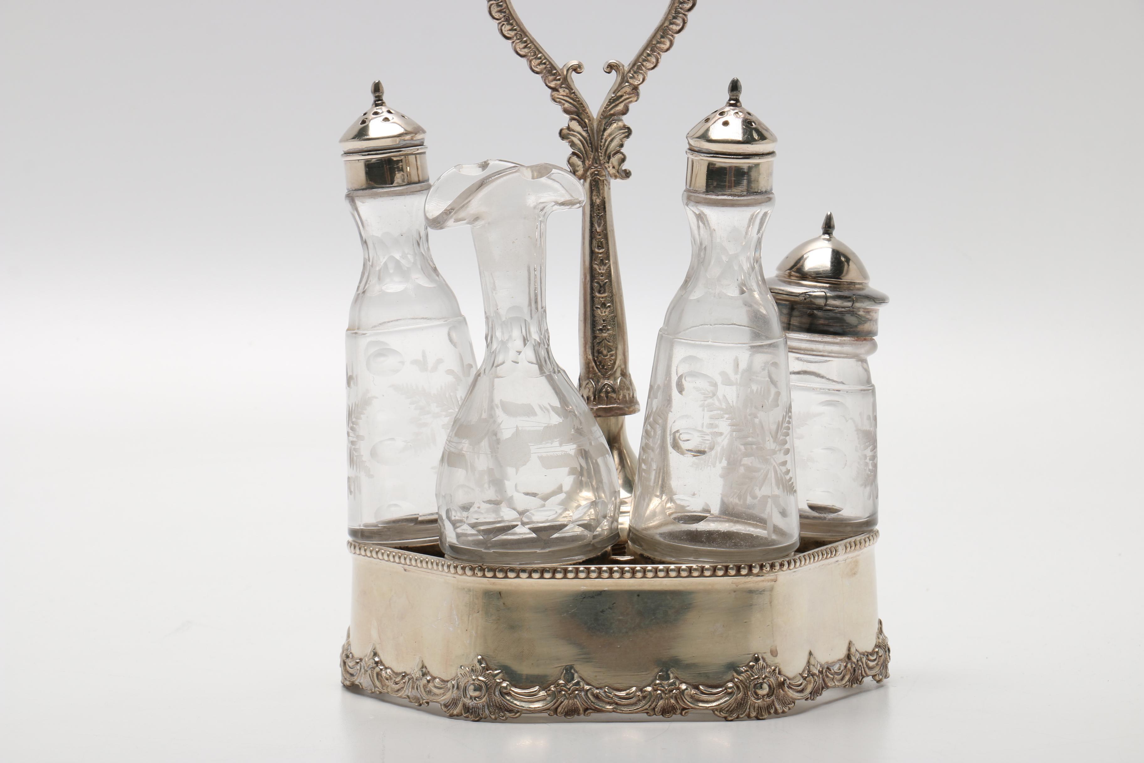 Silver Plate Cruet Set and Assorted Silver Plate