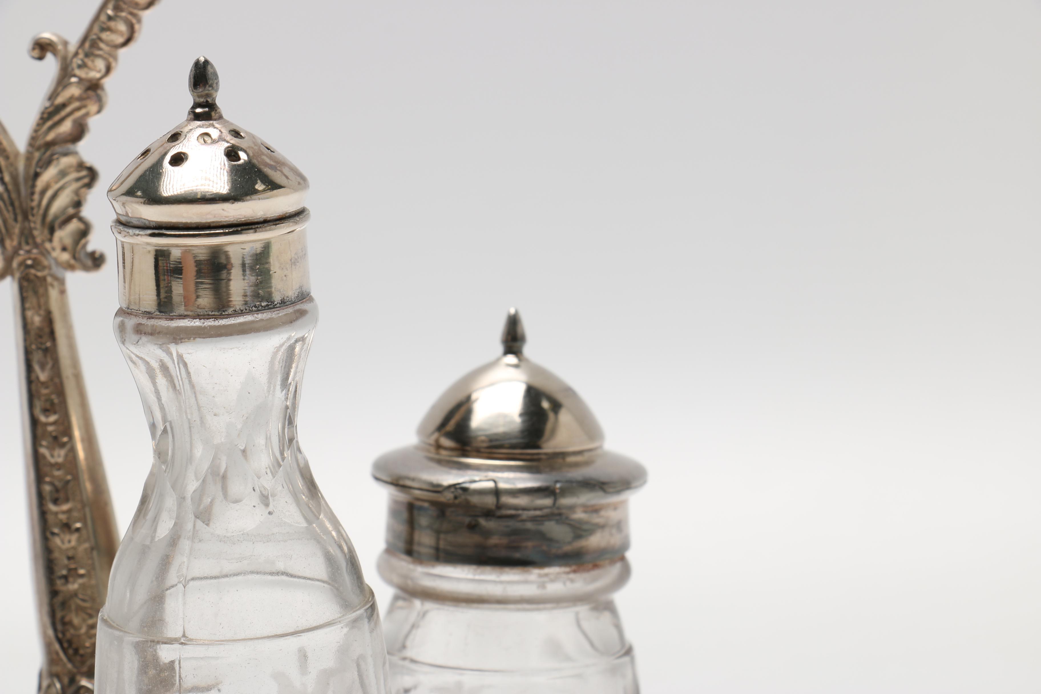 Silver Plate Cruet Set and Assorted Silver Plate