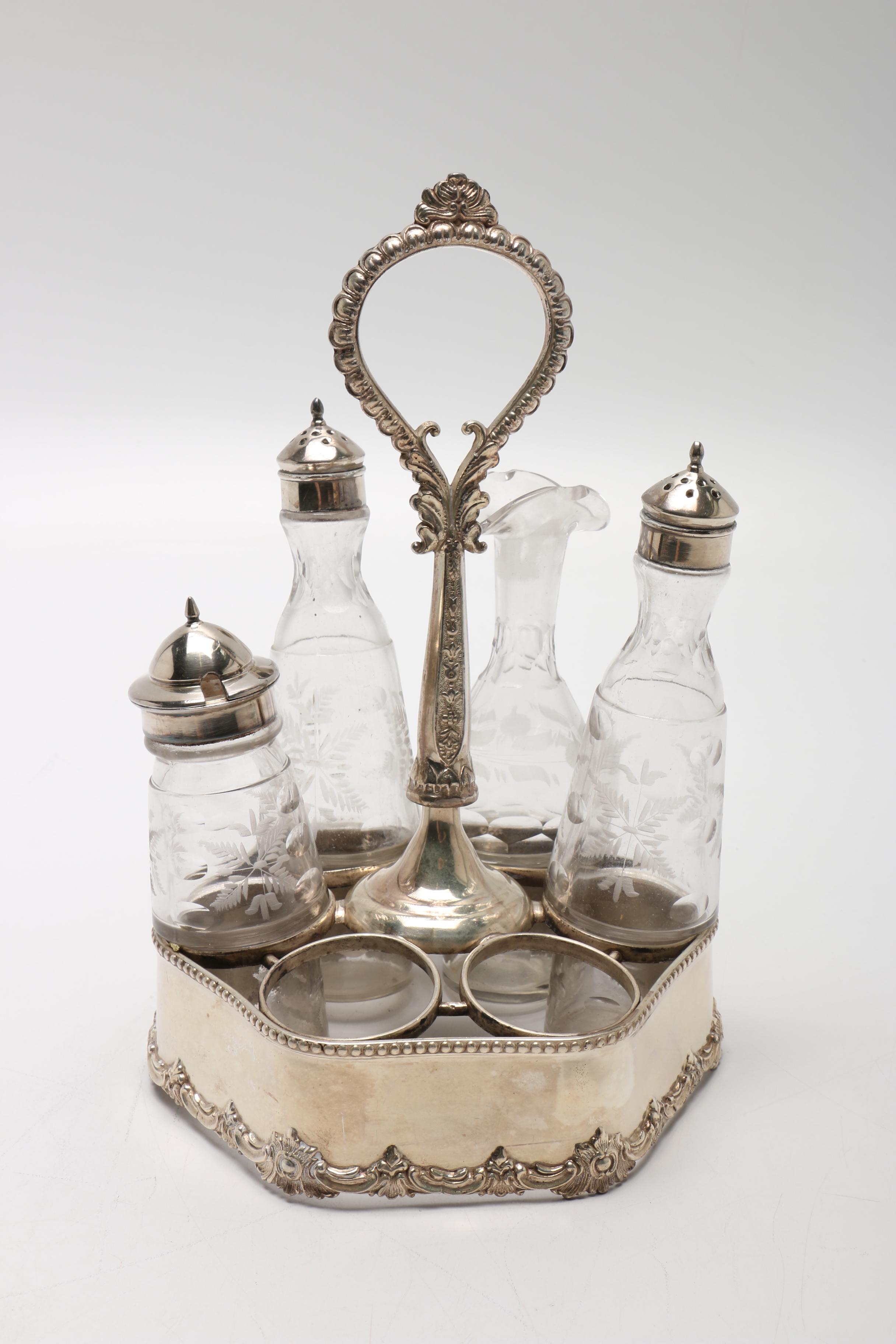 Silver Plate Cruet Set and Assorted Silver Plate