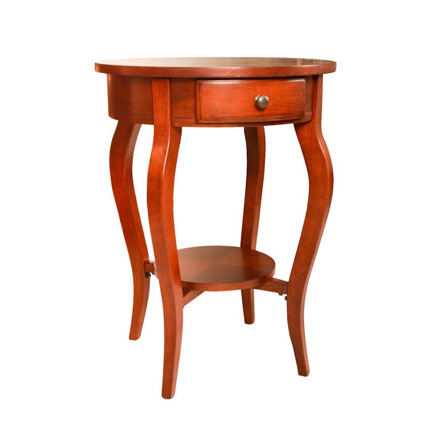 Round End Table With Drawer and Lower Shelf in a Cherry Finish
