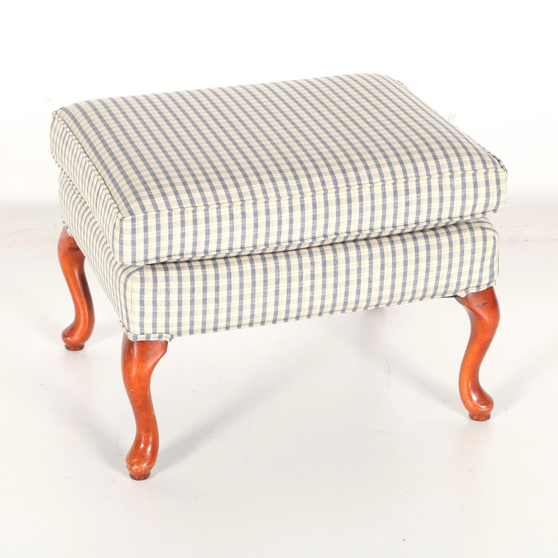 Plaid Ottoman in Cream and Blue