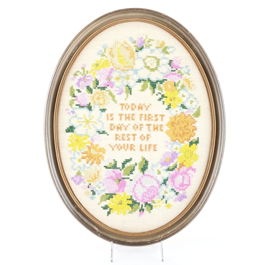 Framed Cross-Stitch "Today Is the First Day of the Rest of Your Life"