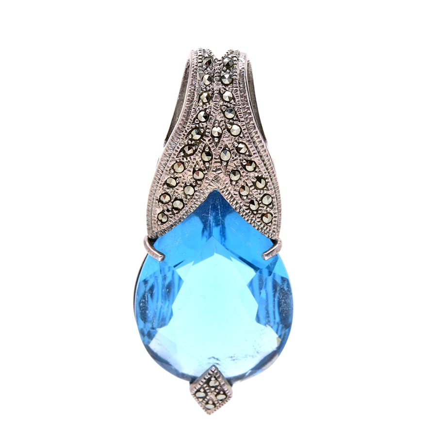 Sterling Silver Marcasite and Faceted Blue Glass Pendant