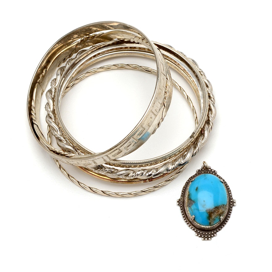 Silver-Tone Bangles with Turquoise Pendant