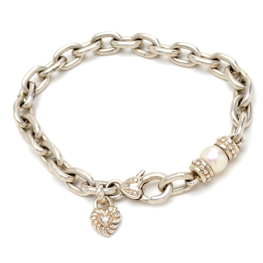 Judith Ripka Sterling, Diamond and Cultured Pearl Bracelet