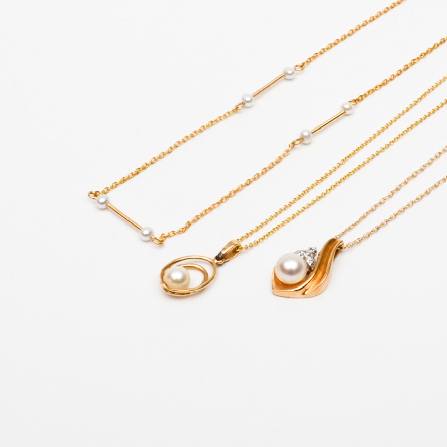 Trio of 14K Yellow Gold Pearl Necklaces Including Diamonds