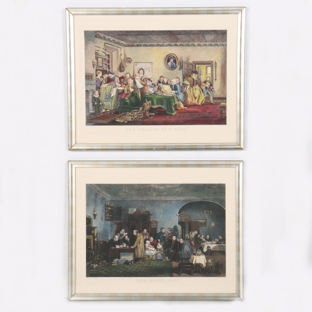 David Wilkie Hand Colored Engravings "The Reading of a Will" and "The Rent Day"