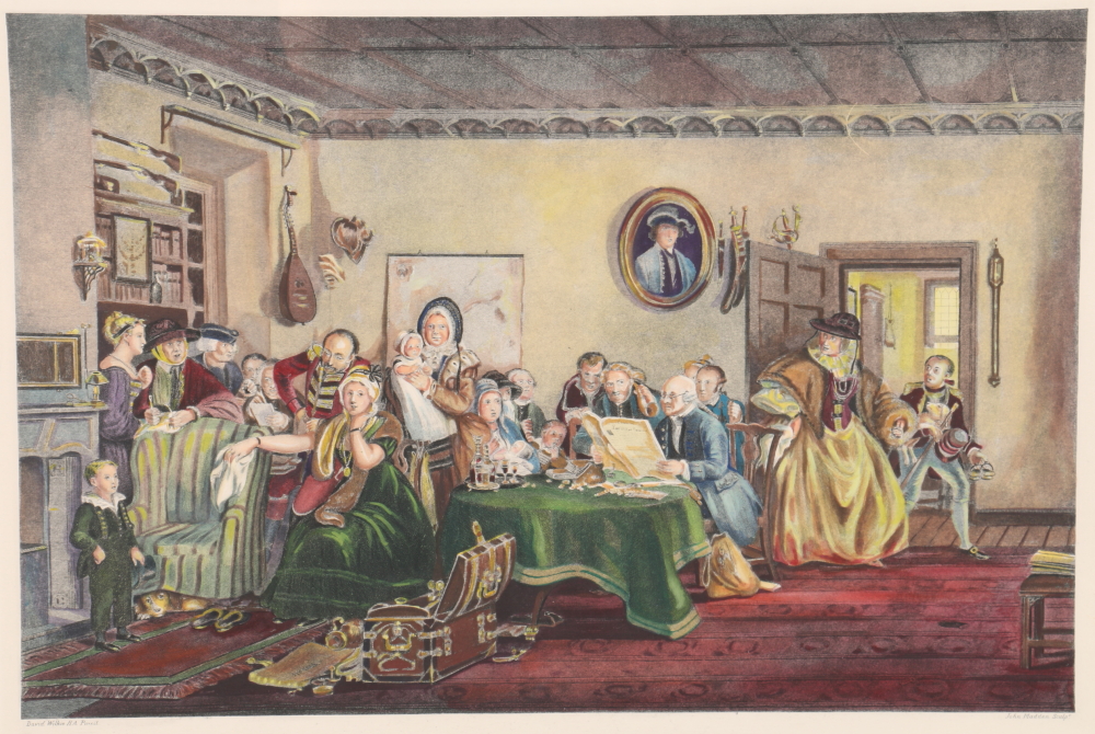 David Wilkie Hand Colored Engravings "The Reading of a Will" and "The Rent Day"