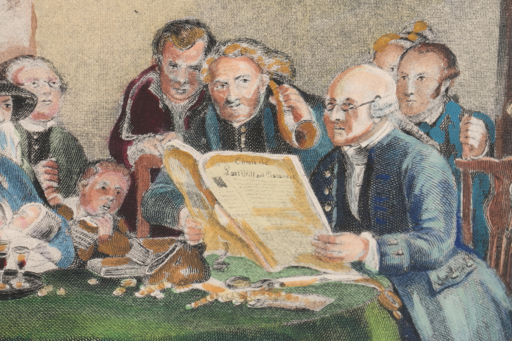 David Wilkie Hand Colored Engravings "The Reading of a Will" and "The Rent Day"