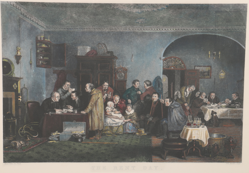 David Wilkie Hand Colored Engravings "The Reading of a Will" and "The Rent Day"