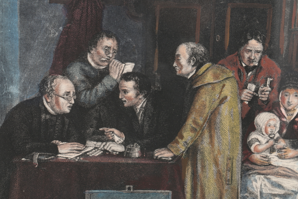 David Wilkie Hand Colored Engravings "The Reading of a Will" and "The Rent Day"