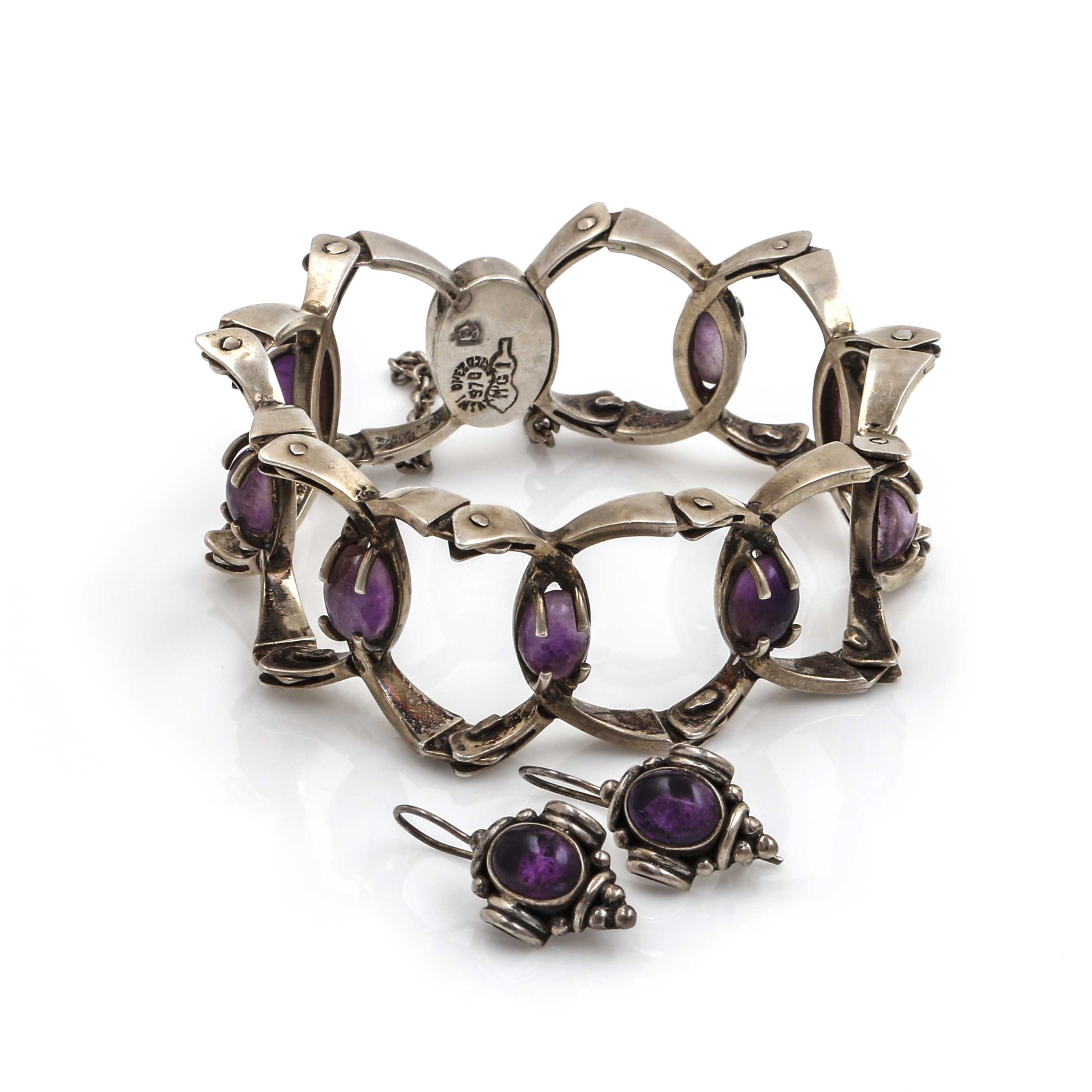 Taxco, Mexico Sterling Silver Amethyst Bracelet and Earrings