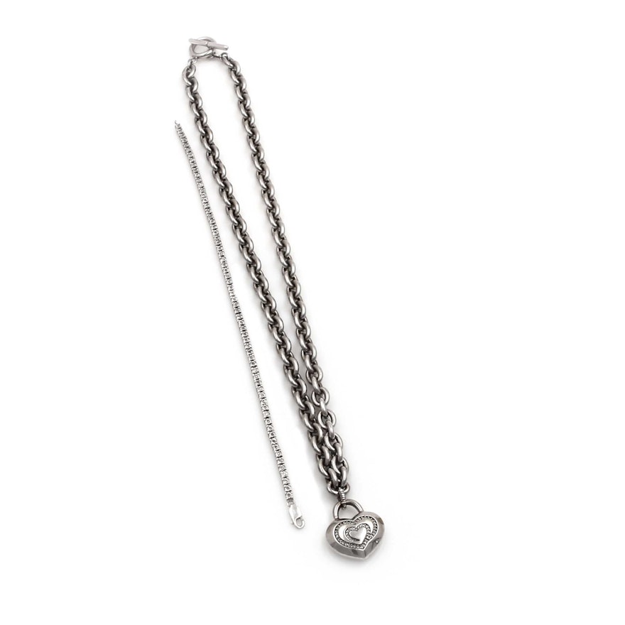 Sterling Silver "The Shared Heart" Diamond Necklace by Zales and Diamond Line Bracelet