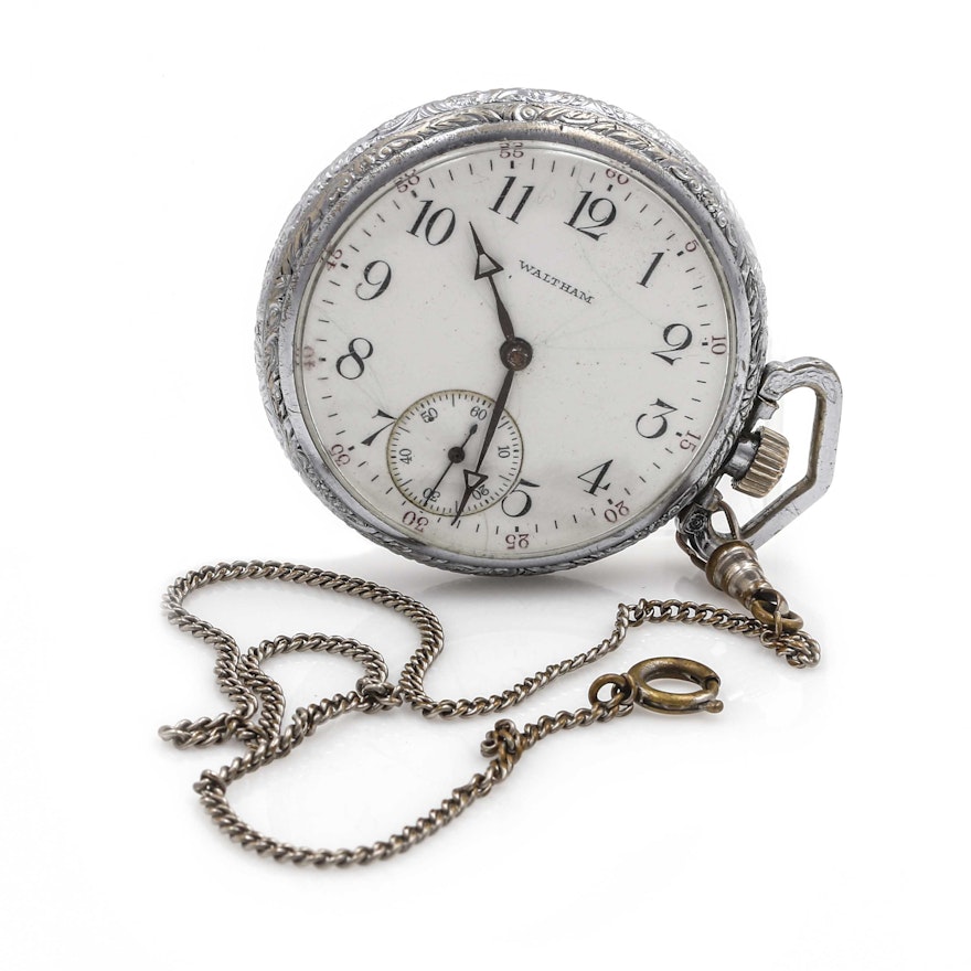 Circa 1913 Antique Waltham Silver Tone Side Winder Pocket Watch