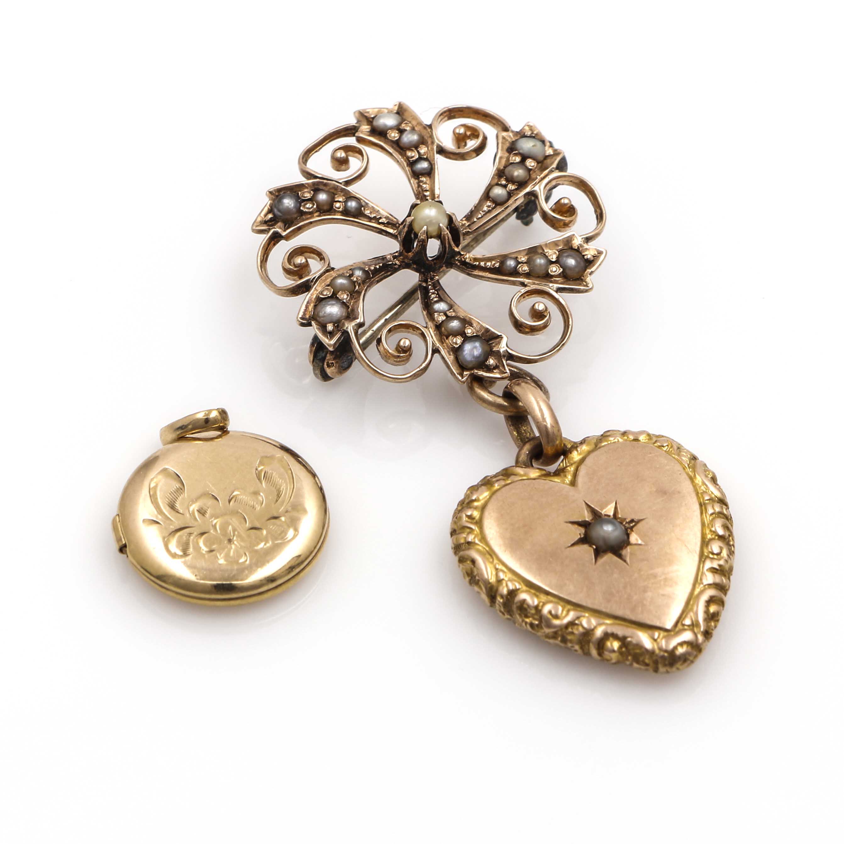 10K and 14K Yellow Gold Seed Pearl Heart Brooch and 14K Floral Locket