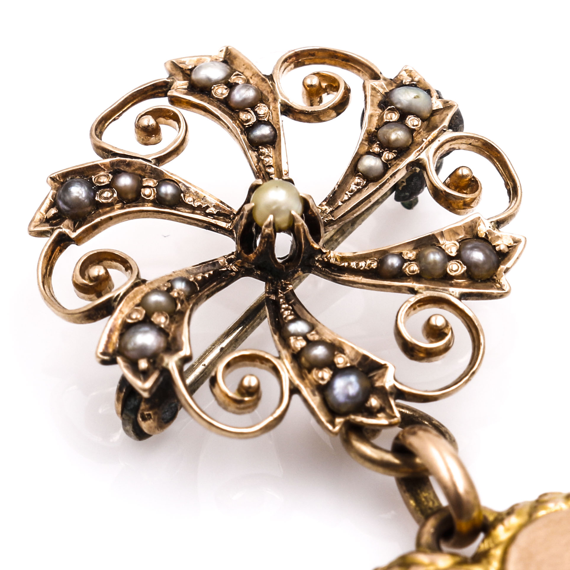 10K and 14K Yellow Gold Seed Pearl Heart Brooch and 14K Floral Locket