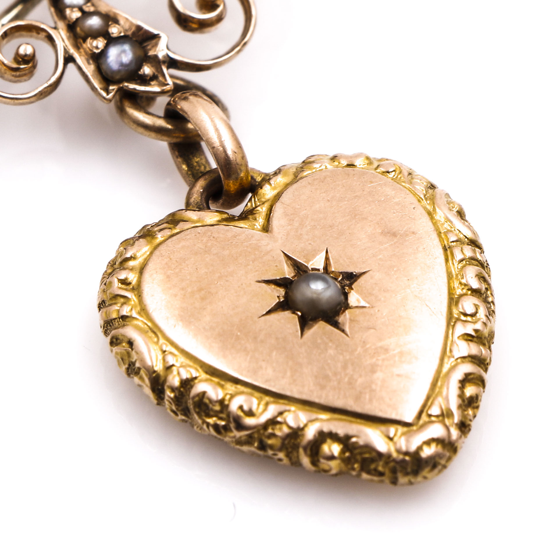 10K and 14K Yellow Gold Seed Pearl Heart Brooch and 14K Floral Locket