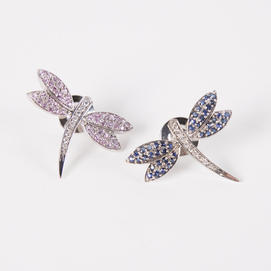 Pair of 14K White Gold Diamond and Sapphire Dragon Fly Tie Pins