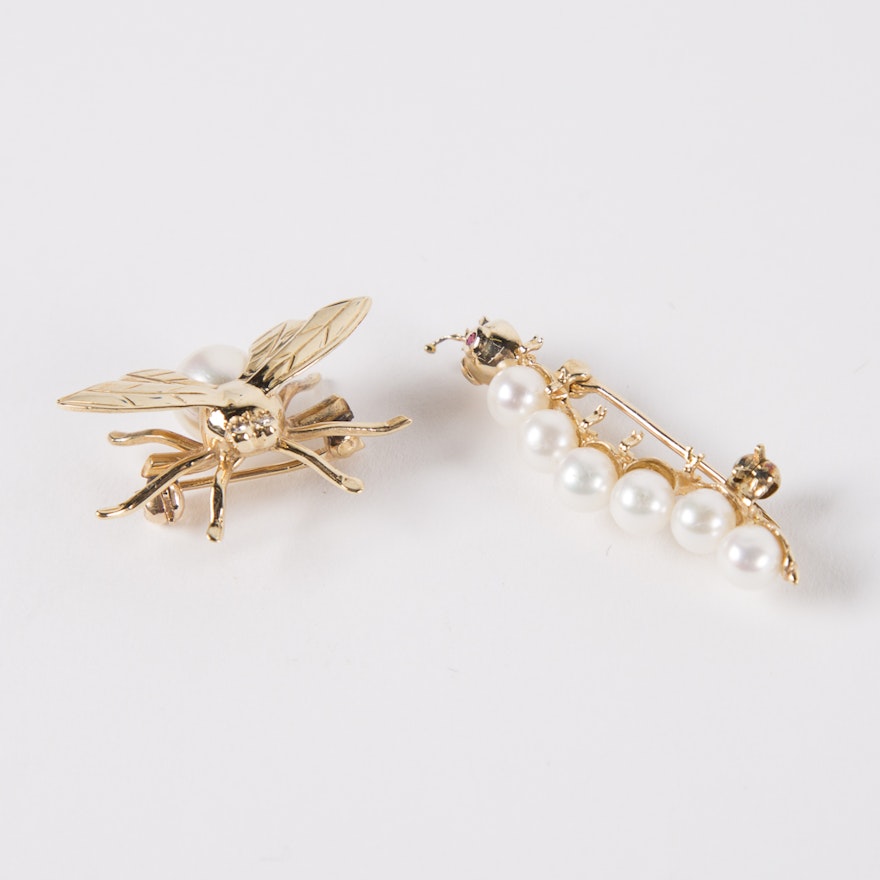 Pair of 14K Yellow Gold Diamond and Pearl Insect Pins