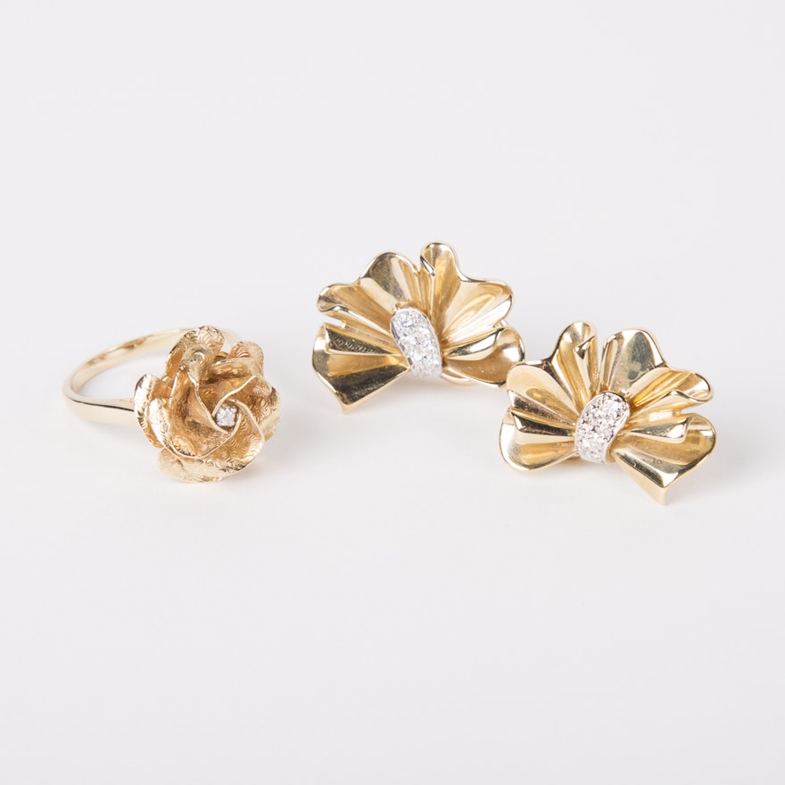 14K Yellow Gold Diamond Flower Earring and Ring