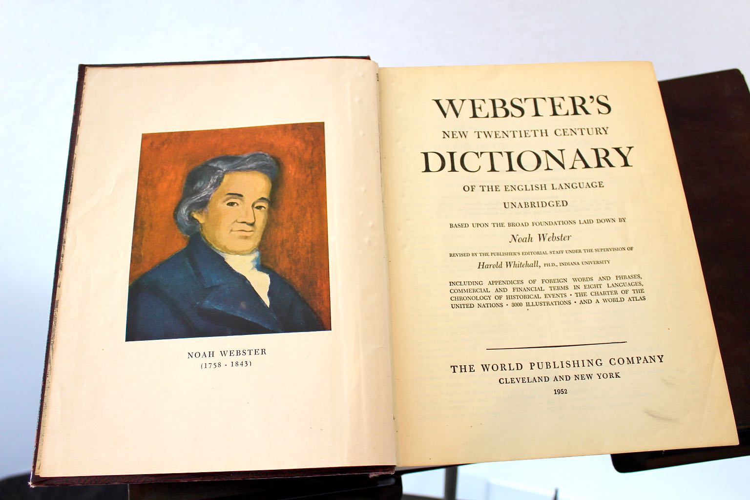 Antique Book Stand and 1952 "Webster's Illustrated 20th Century Dictionary"